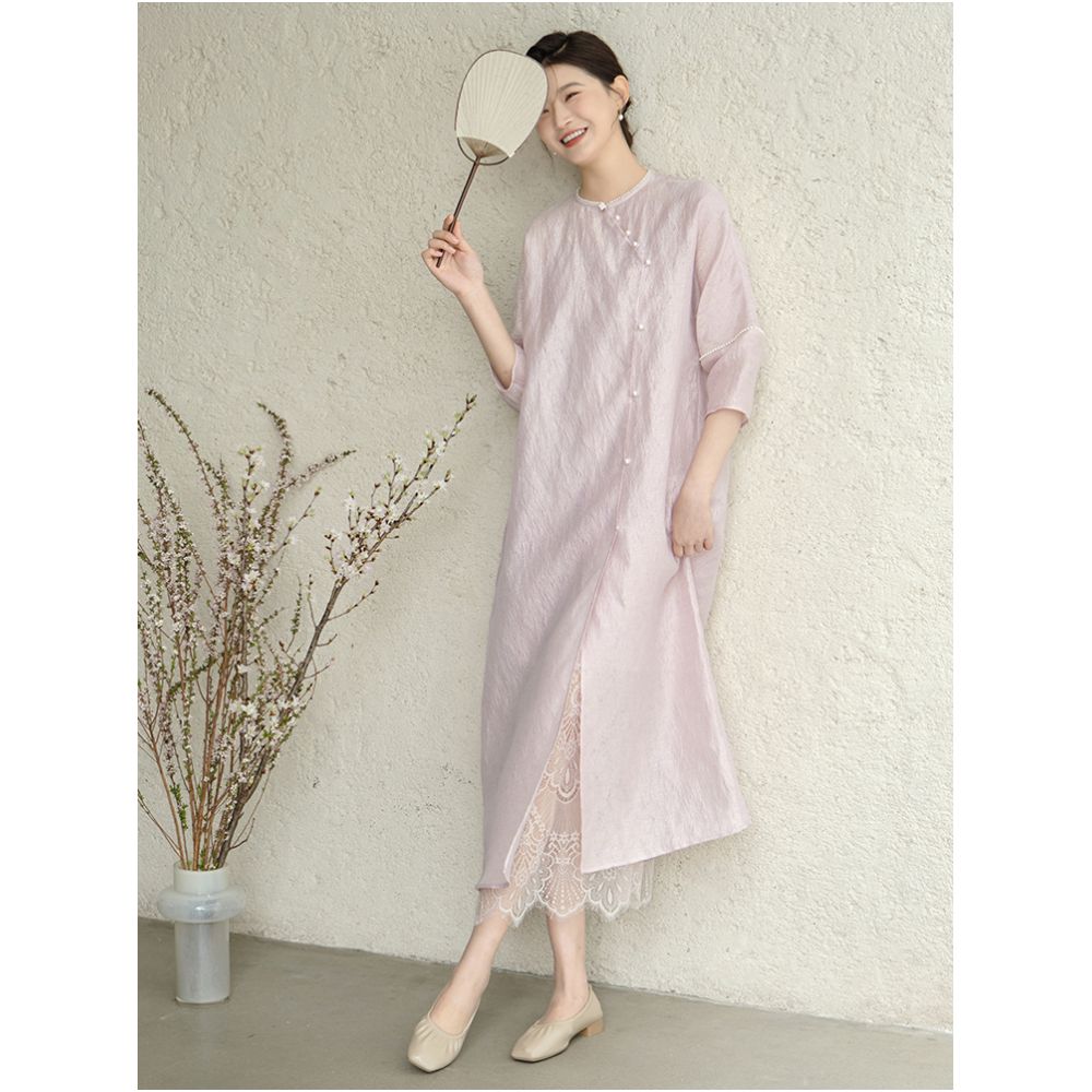Mountain Colored Spring and Summer New Chinese Tea Dress Long Dress Chinese Style Women s Dress Elegant Daily Commuting Slant Front Improved Dress image 1