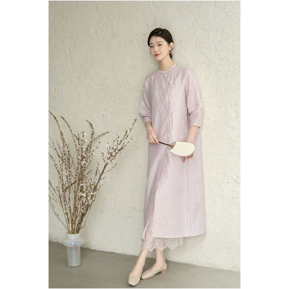 Mountain Colored Spring and Summer New Chinese Tea Dress Long Dress Chinese Style Women s Dress Elegant Daily Commuting Slant Front Improved Dress image 13