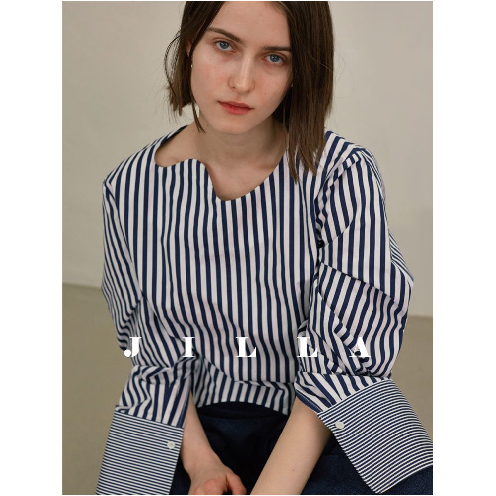JILLA2024 Spring Summer Fashionable Loose and Versatile Long Sleeve Irregular Collar Striped Shirt Pullover Splicing Top image 9