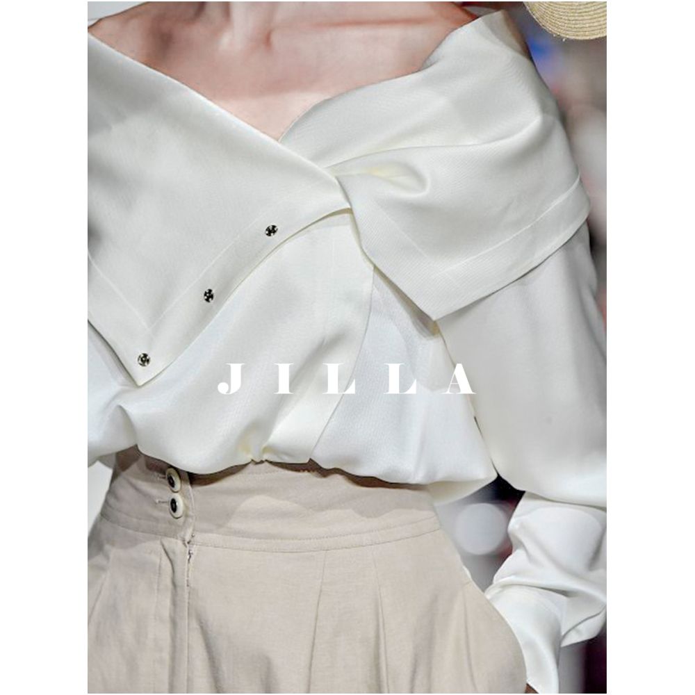 JILLA Spring Summer French White Versatile Wearing Method Satin Top Glossy niche V neck Soft Shirt image 7