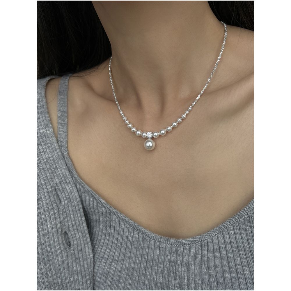 Asaya2108 : Fangtangjia original Shijia bright pearl S925 sterling silver gradient necklace niche design high-end clavicle chain