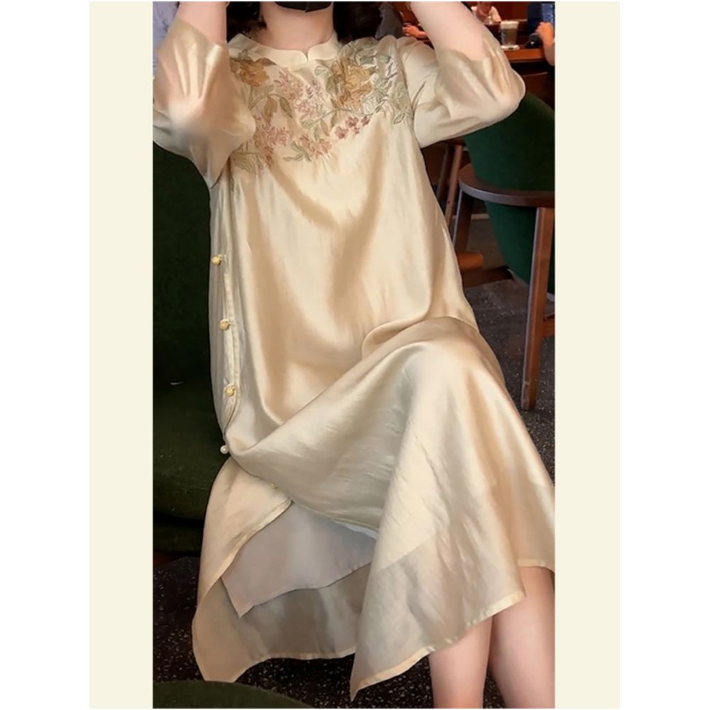 2025 Autumn Clothing Heavy Industry Embroidery and Printing High end New Chinese Style Women s Wear High end Exquisite Chiffon Dress image 1