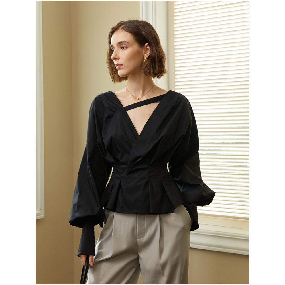 AEL original custom French lantern sleeve V neck long sleeved shirt for women s autumn new commuting street photography design sense top image 1