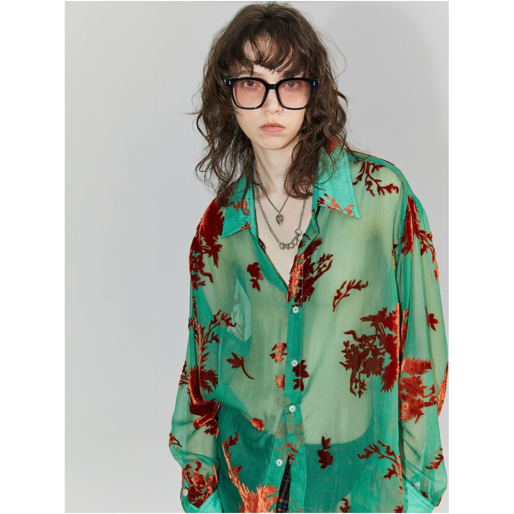 Polaroid Romantic Photo 22AW Vintage Phoenix Flocked Silk Georgette Green Transparent Loose Shirt Unisex image 0