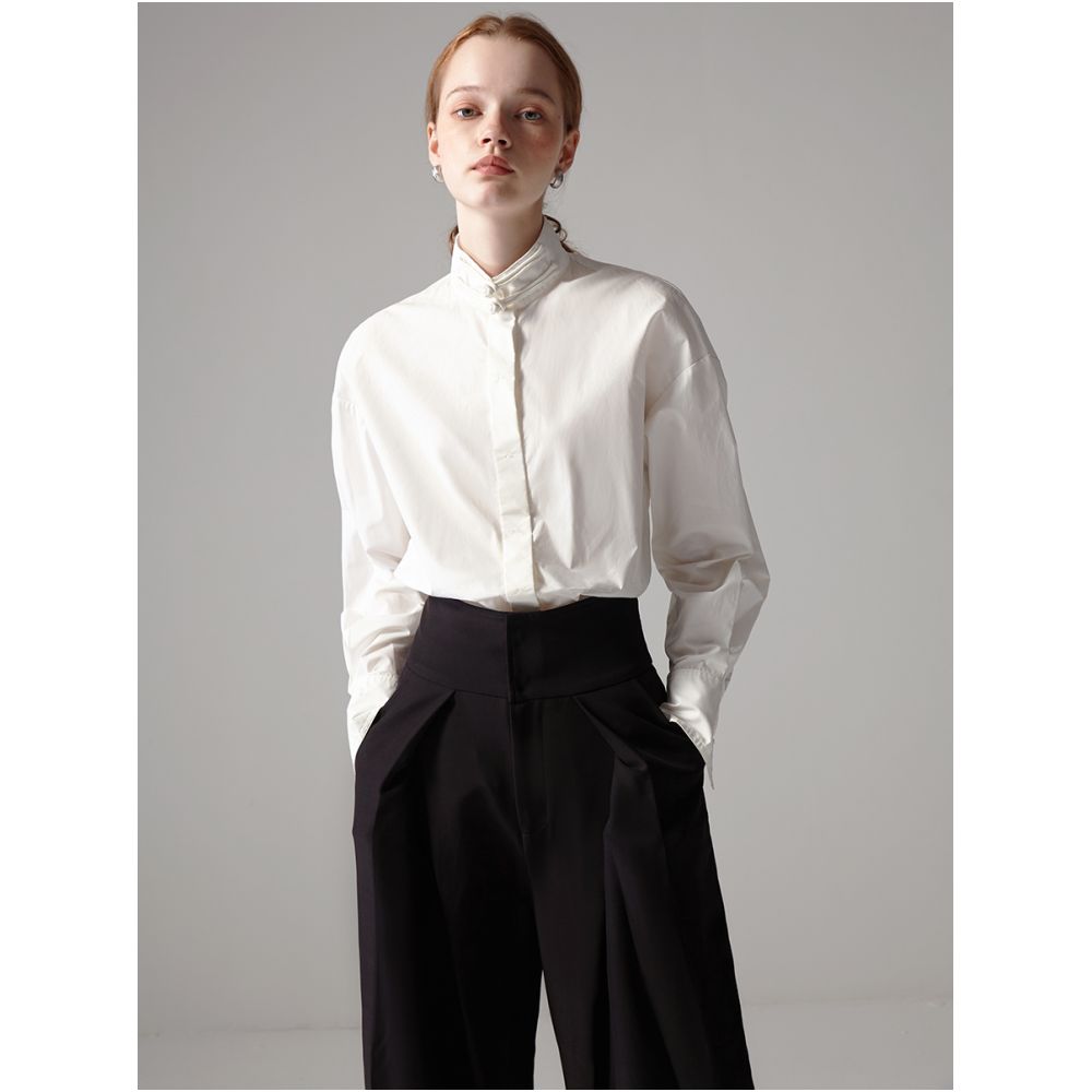 JILLA2024 Autumn Winter New Chinese style Stand up Collar Pan Button Imported Horse Cotton White Shirt Loose Long Sleeve Minimalist Shirt image 6