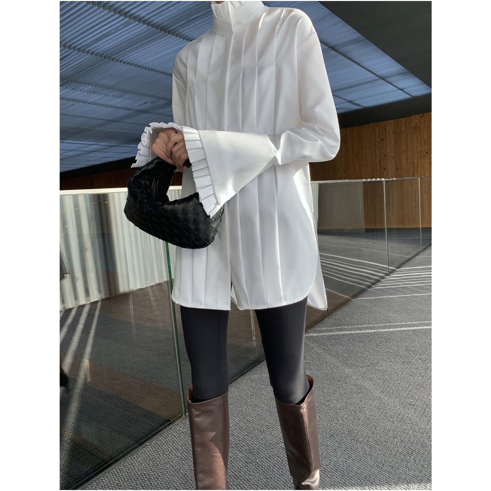High temperature pleated lace collar with sub gloss loose shirt women s design sense niche spring new item image 0