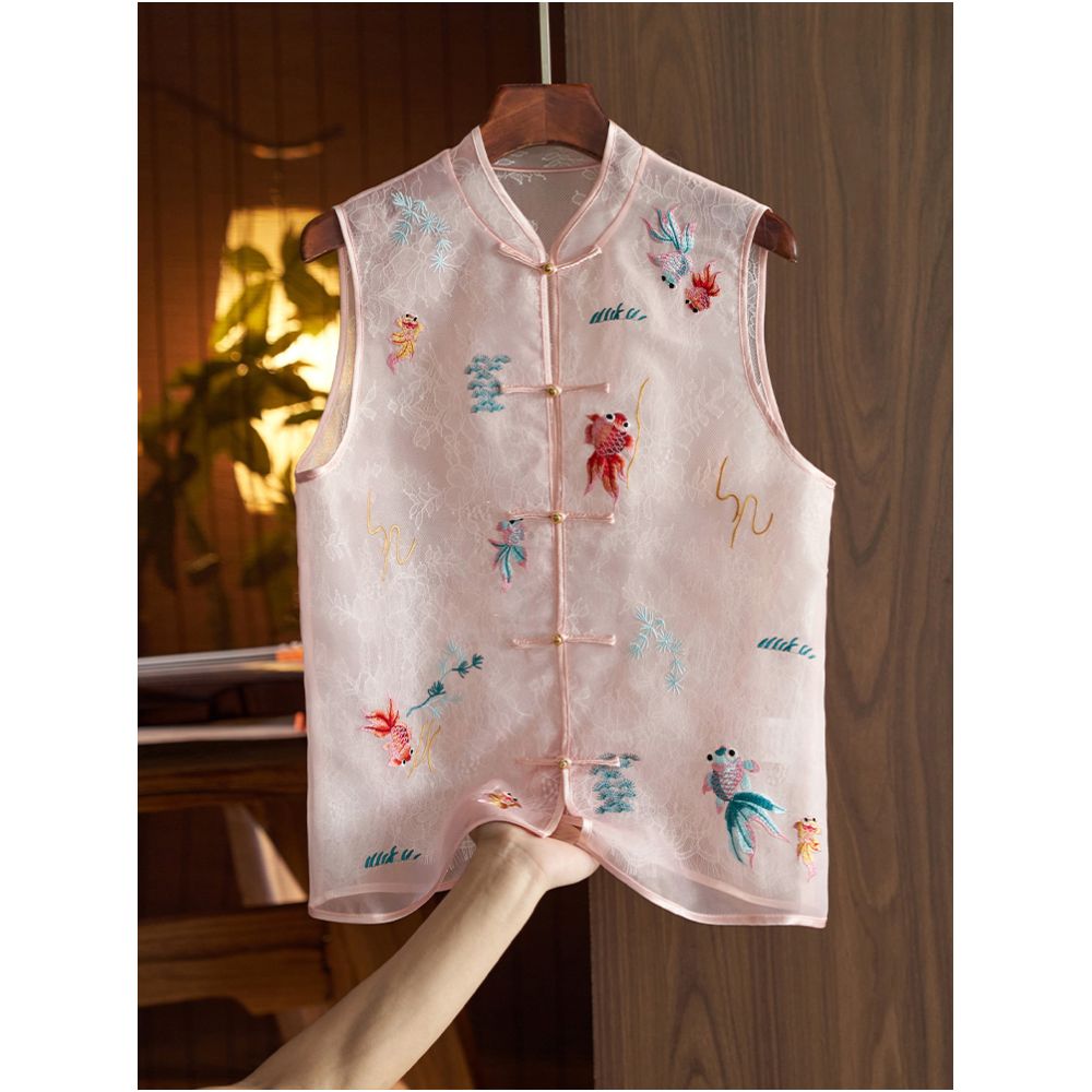 Silk organza vest vest high end women s summer new style light retro national style embroidery new Chinese style top image 0