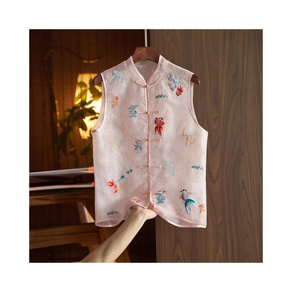 Silk organza vest vest high end women s summer new style light retro national style embroidery new Chinese style top image 7