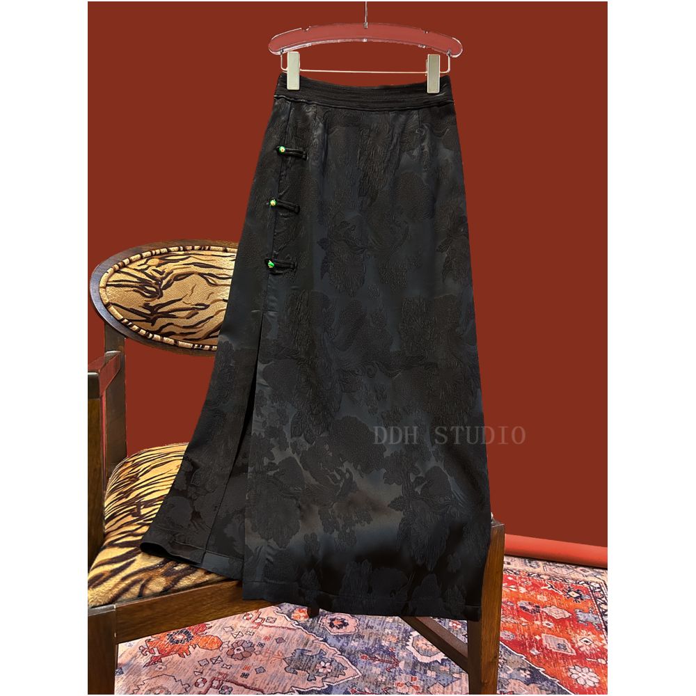 New Chinese national style acetic acid jacquard China Chic skirt women s thin back waist elastic side split button buttock wrap skirt image 9