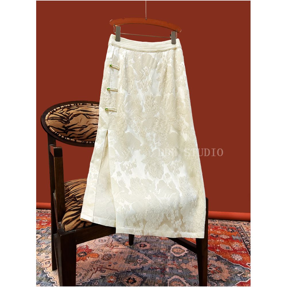 New Chinese national style acetic acid jacquard China Chic skirt women s thin back waist elastic side split button buttock wrap skirt image 25