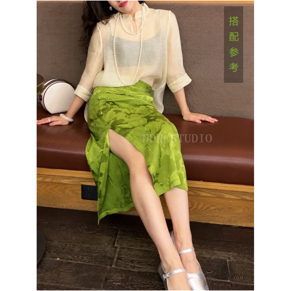 New Chinese national style acetic acid jacquard China Chic skirt women s thin back waist elastic side split button buttock wrap skirt image 35