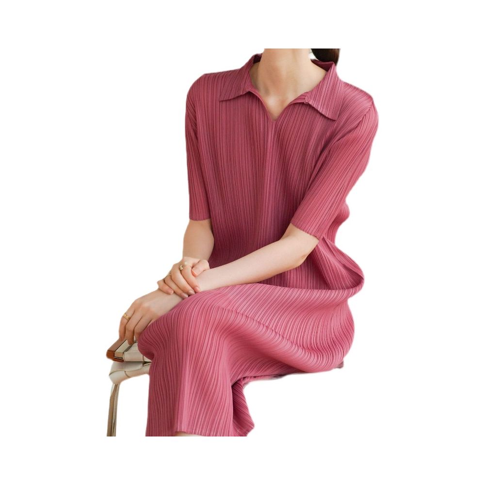High temperature pleated manufacturer directly supplies new high end pleated ladies style commuting mid length collar dress with elegant temperament image 5