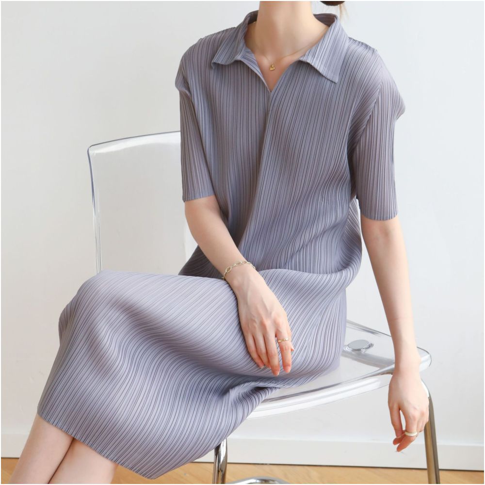 High temperature pleated manufacturer directly supplies new high end pleated ladies style commuting mid length collar dress with elegant temperament image 7