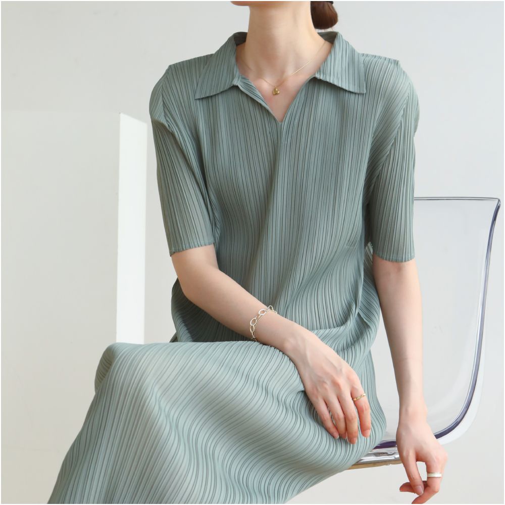 High temperature pleated manufacturer directly supplies new high end pleated ladies style commuting mid length collar dress with elegant temperament image 13