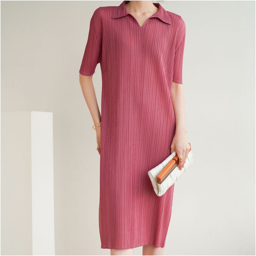 High temperature pleated manufacturer directly supplies new high end pleated ladies style commuting mid length collar dress with elegant temperament image 14