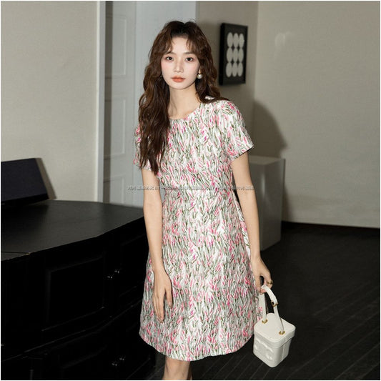 ASAYA2041Fashion heavy industry pink jacquard short-sleeved summer dress 2810 new temperament waist Hepburn style high-end skirt
