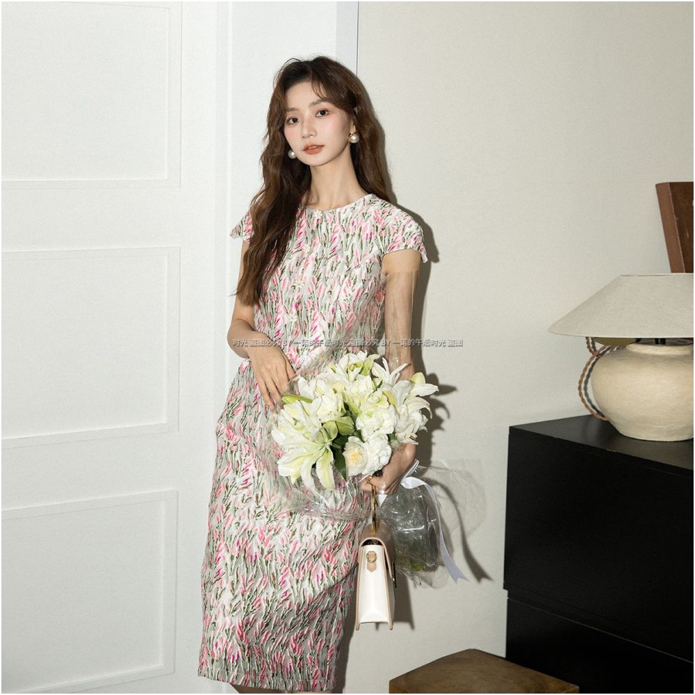 Heavy industry pink imitation Song brocade jacquard short sleeved summer dress 2810 new style temperament Hepburn style light luxury dress image 4