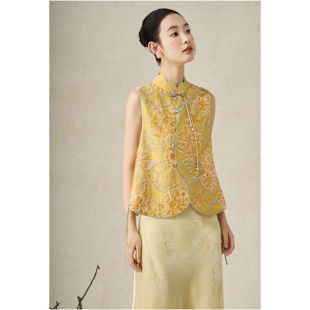 SHIBAI Shibai Evening Breeze Gardenia New Chinese style heavy vest embroidery beading design light luxury national style layered top image 21