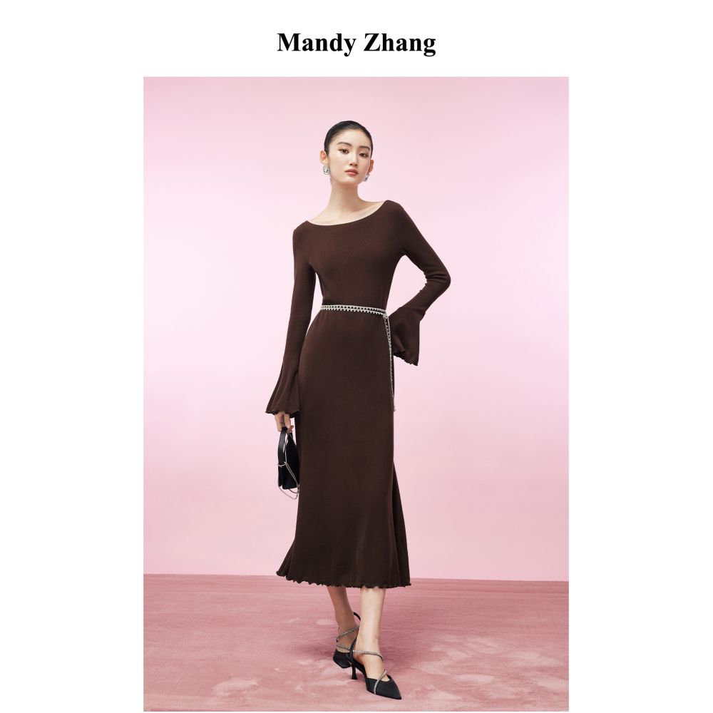 MandyZhang French Acetate Sheep Wool Brown Long Sleeve Knitted Dress for Women s Autumn and Winter Tailored Skirt with Fish Tail image 1