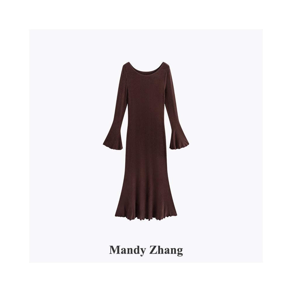 MandyZhang French Acetate Sheep Wool Brown Long Sleeve Knitted Dress for Women s Autumn and Winter Tailored Skirt with Fish Tail image 12