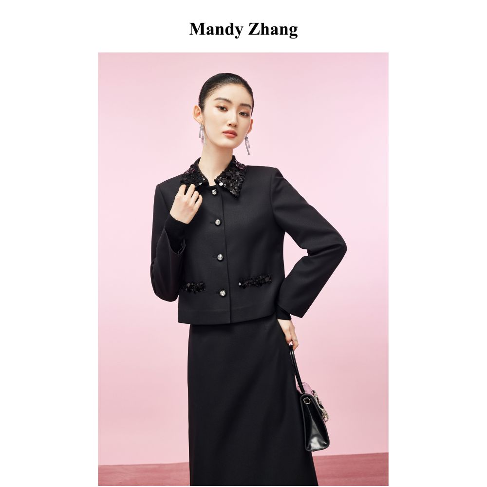 MandyZhang French black sequin patchwork small fragrant style jacket for women s autumn and winter fashion design sense short top image 1