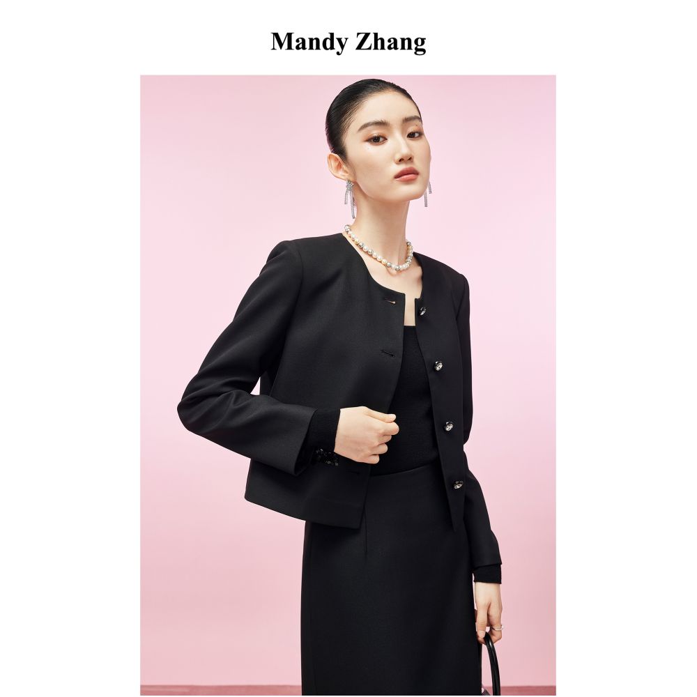 MandyZhang French black sequin patchwork small fragrant style jacket for women s autumn and winter fashion design sense short top image 3