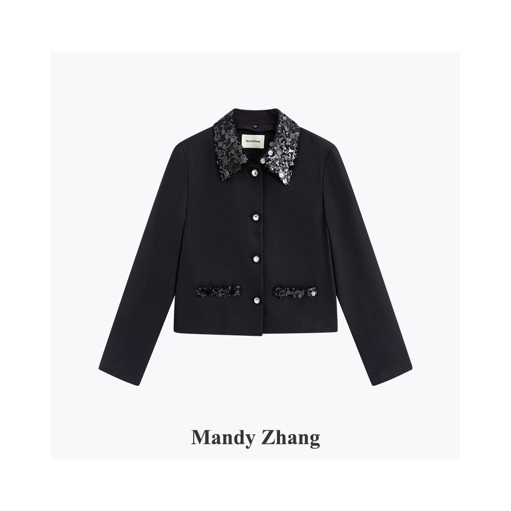 MandyZhang French black sequin patchwork small fragrant style jacket for women s autumn and winter fashion design sense short top image 9