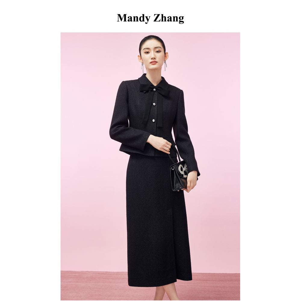 Mandy Zhang a wealthy heiress in black wool with a small fragrance style wearing a dress and a short jacket with a bow and waist for women in autumn and winter image 1