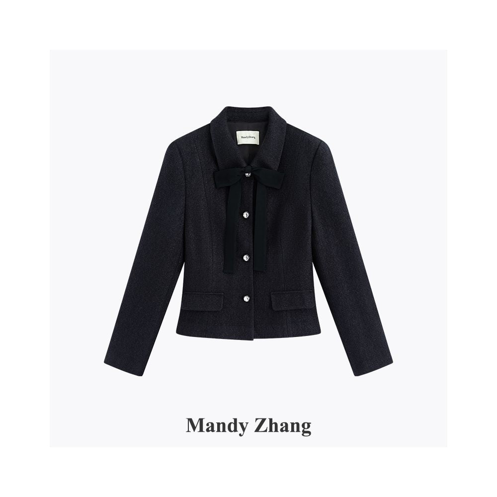 Mandy Zhang a wealthy heiress in black wool with a small fragrance style wearing a dress and a short jacket with a bow and waist for women in autumn and winter image 9
