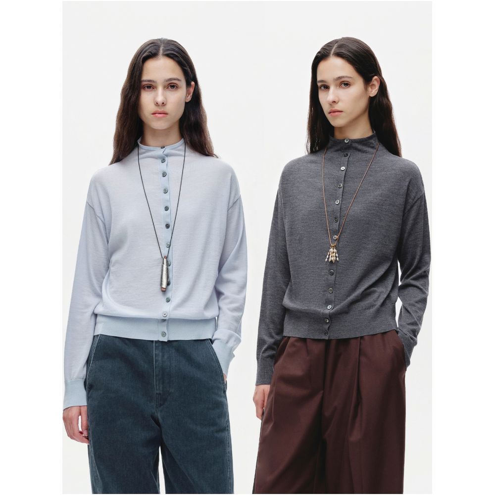 Marllen Classic Echoes 100 Wool Stacked One Row Buckle Design Drop Shoulder High Neck Knitted Cardigan for Women Autumn image 1
