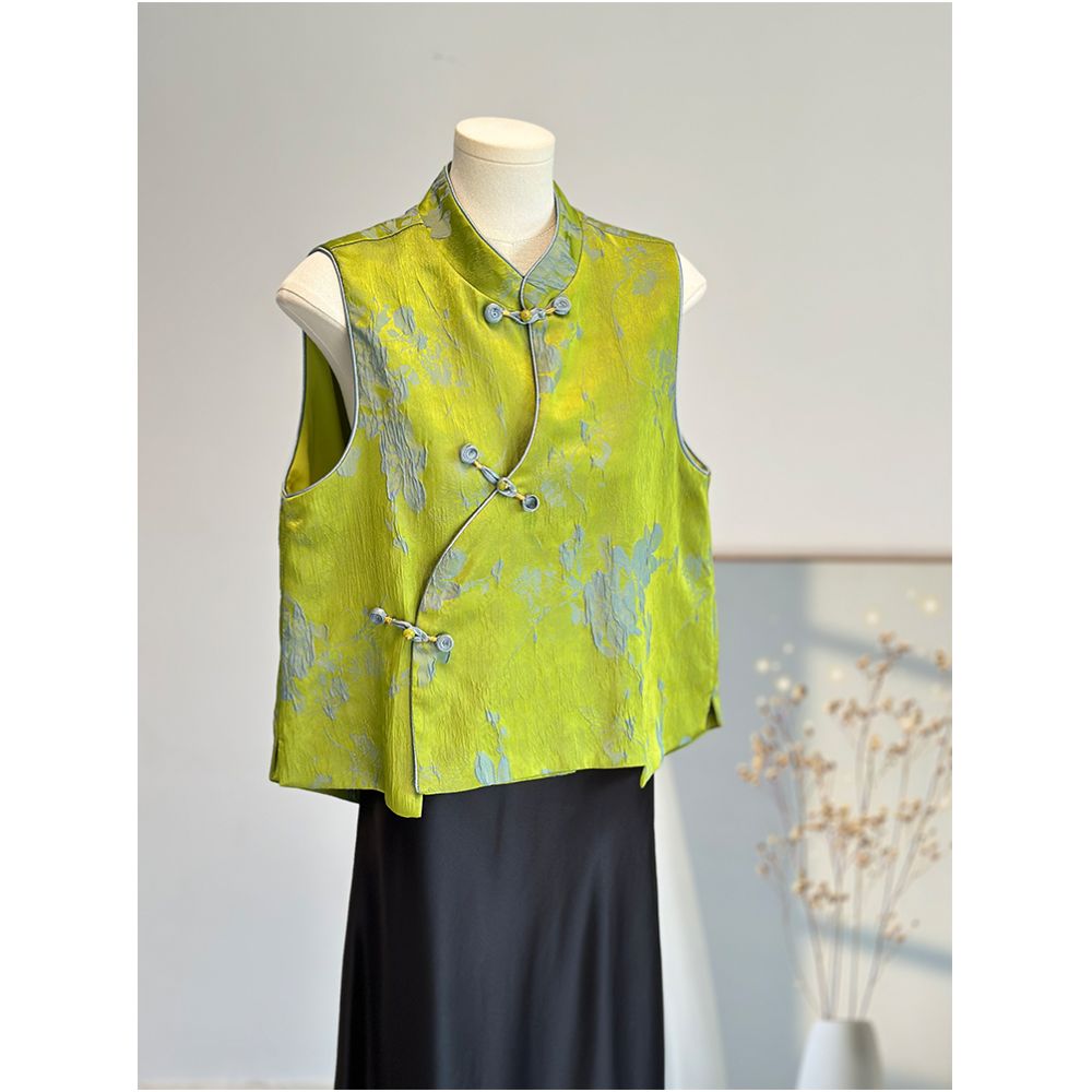 Green new Chinese style vest for young women satin jacquard improved vest worn for reducing age Chinese style high end Tang style image 10