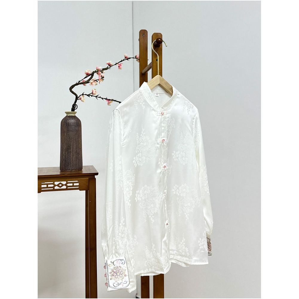 New Chinese style white embroidered top women s spring and summer Chinese style Tang style buttoned shirt stand collar loose long sleeved satin shirt image 12