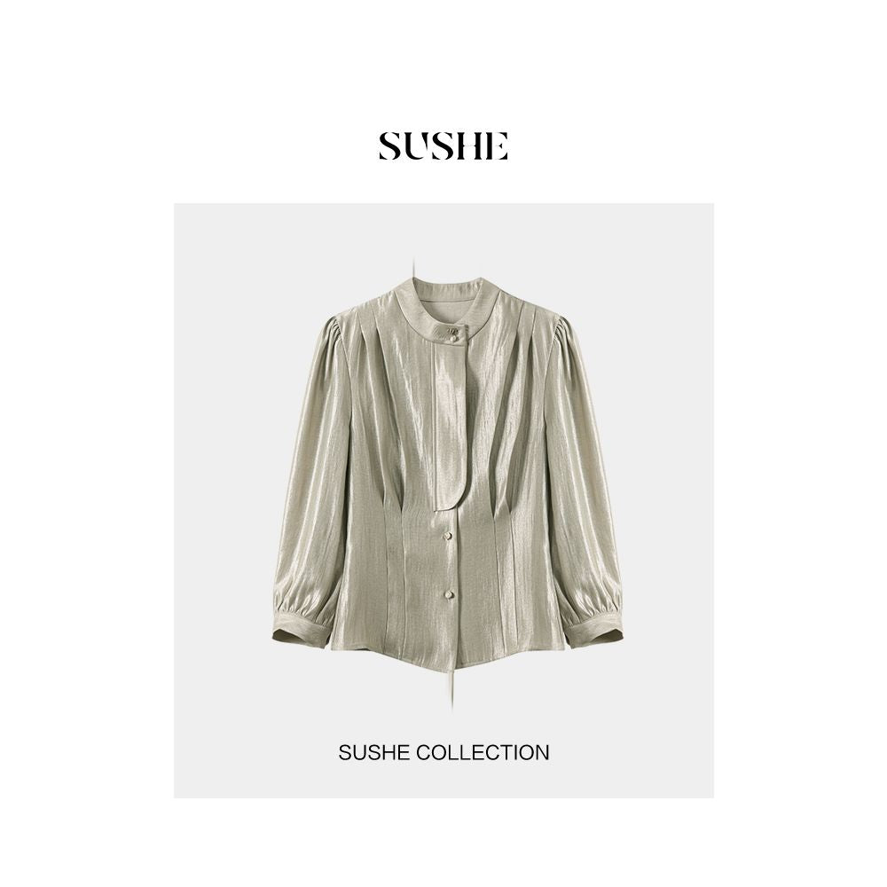 Shuxi SUSHE Gilded Retro New Style New Chinese Style Stand up Collar Loose Fine Folded Waist Tight Fit Shirt for Women Autumn image 9