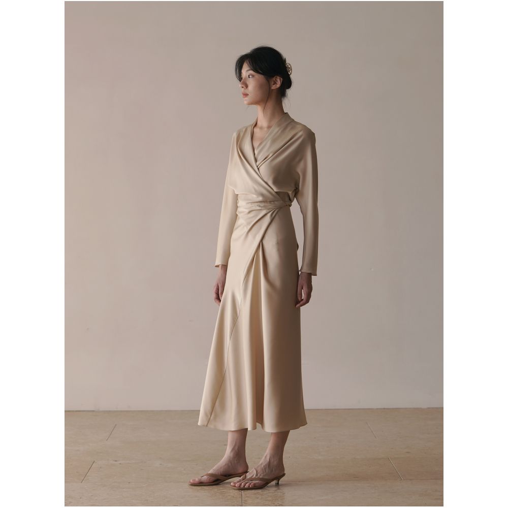 commuse memory mulberry silk double joe asymmetric cut wrap lace bias cut long sleeve dress image 3