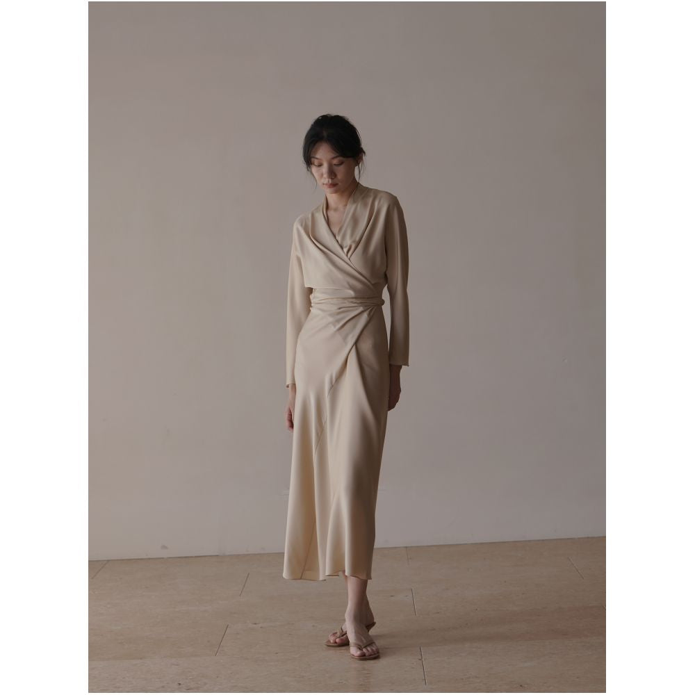 commuse memory mulberry silk double joe asymmetric cut wrap lace bias cut long sleeve dress image 5