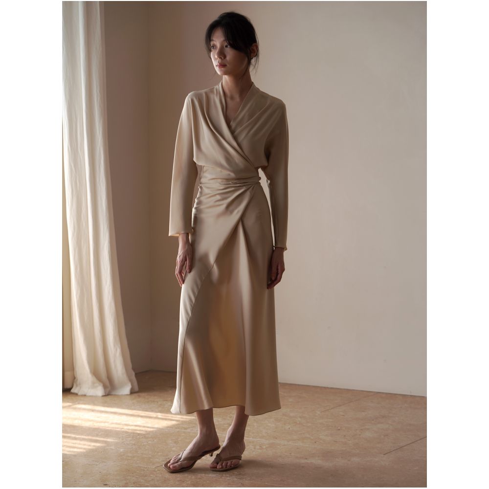 commuse memory mulberry silk double joe asymmetric cut wrap lace bias cut long sleeve dress image 0