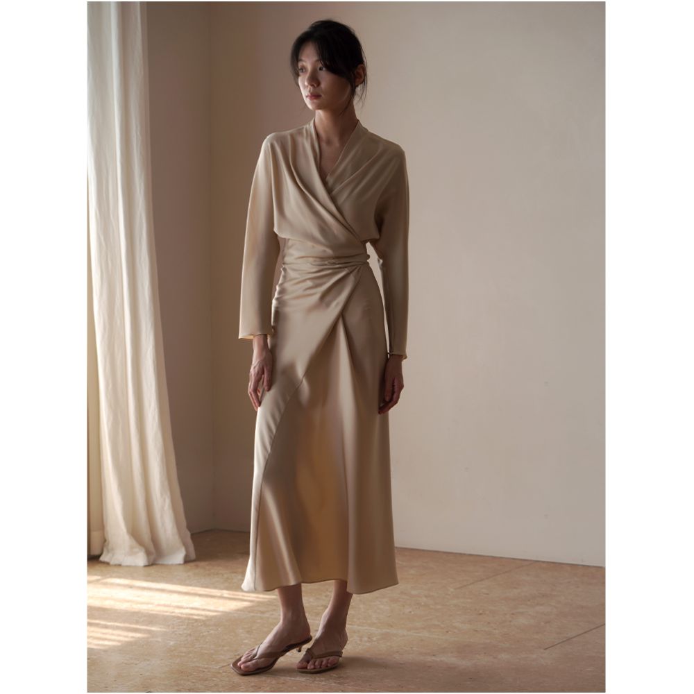 commuse memory mulberry silk double joe asymmetric cut wrap lace bias cut long sleeve dress image 6