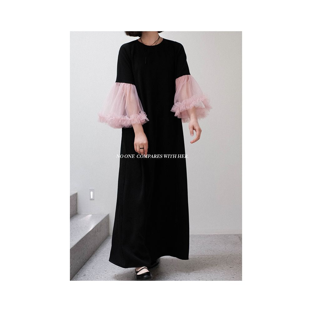 Original niche design with petal slimming splicing contrasting color mesh loose small dress super long dress image 15