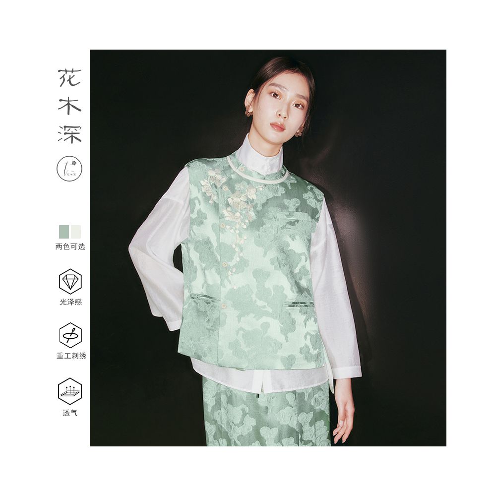 Ma Li s same style flowers and trees deep Chinese silk vest women s ancient embroidery round neck spring and autumn new jacquard shoulder image 1