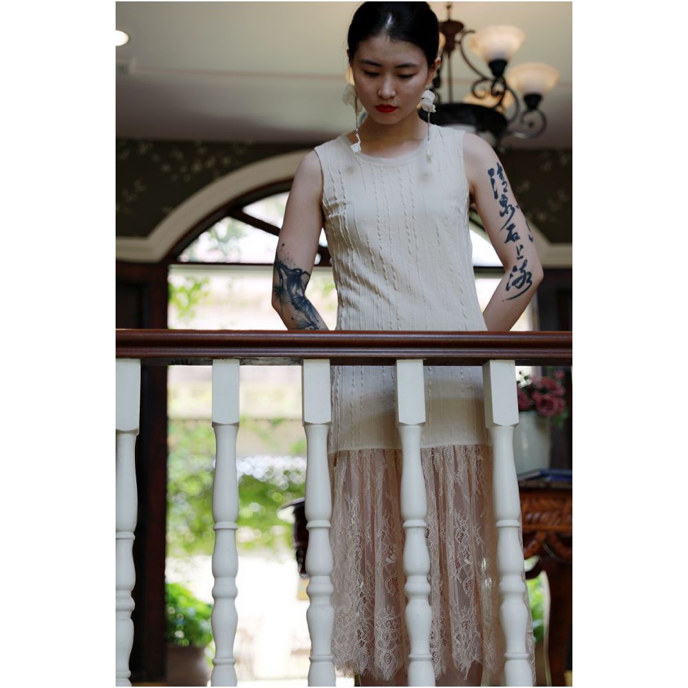ASAYA1849 Nine Buds [June Boat Song] Gatsby vintage high-end texture dress style slim lace paneled dress