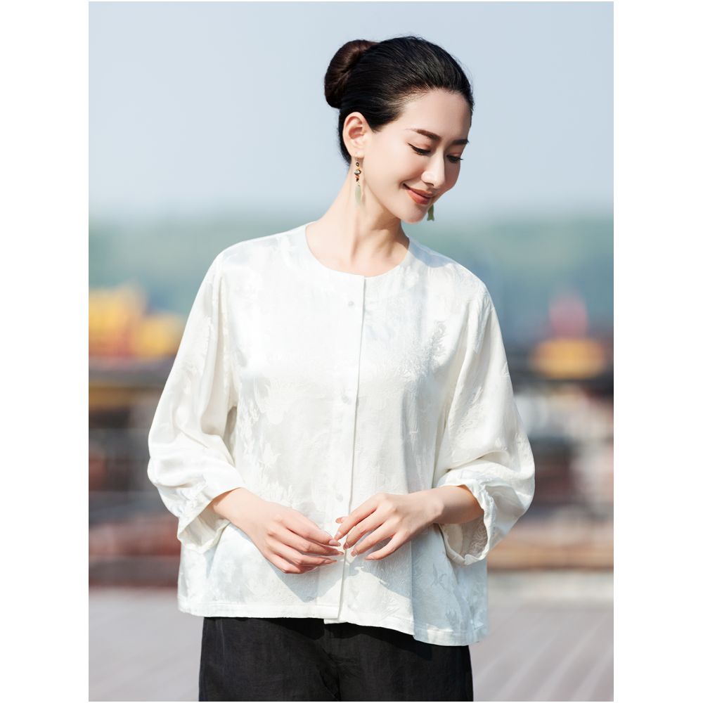 Qinsi Light Jacquard satin light Chinese style top for women Spring and summer round neck loose three quarter sleeve shirt bottom image 1