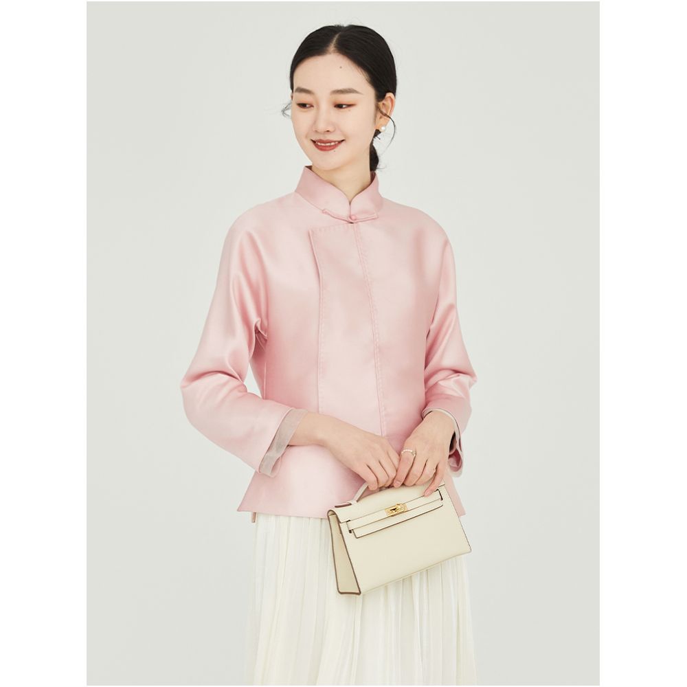 Fuyuntang Ni Miao New Chinese style improved national style top button stand collar spring and autumn pink small jacket women s short style image 3