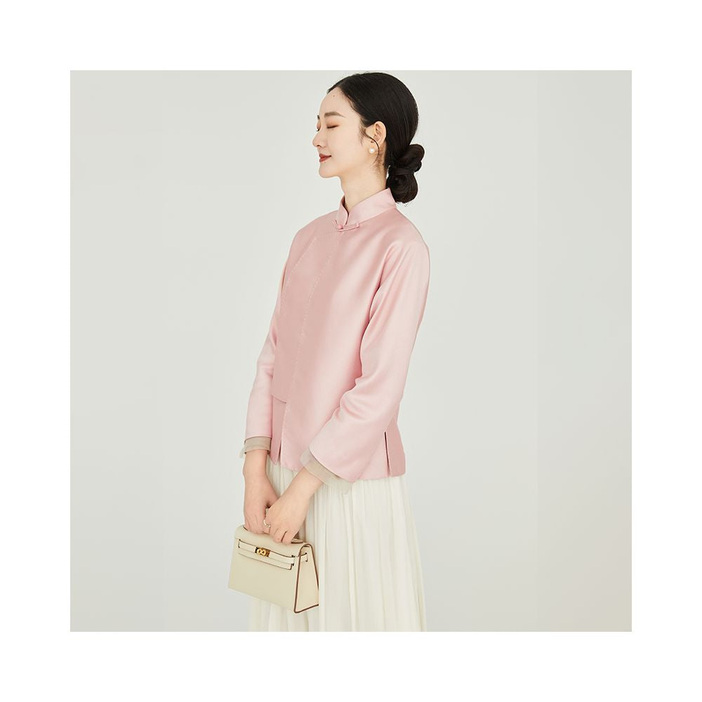 Fuyuntang Ni Miao New Chinese style improved national style top button stand collar spring and autumn pink small jacket women s short style image 9