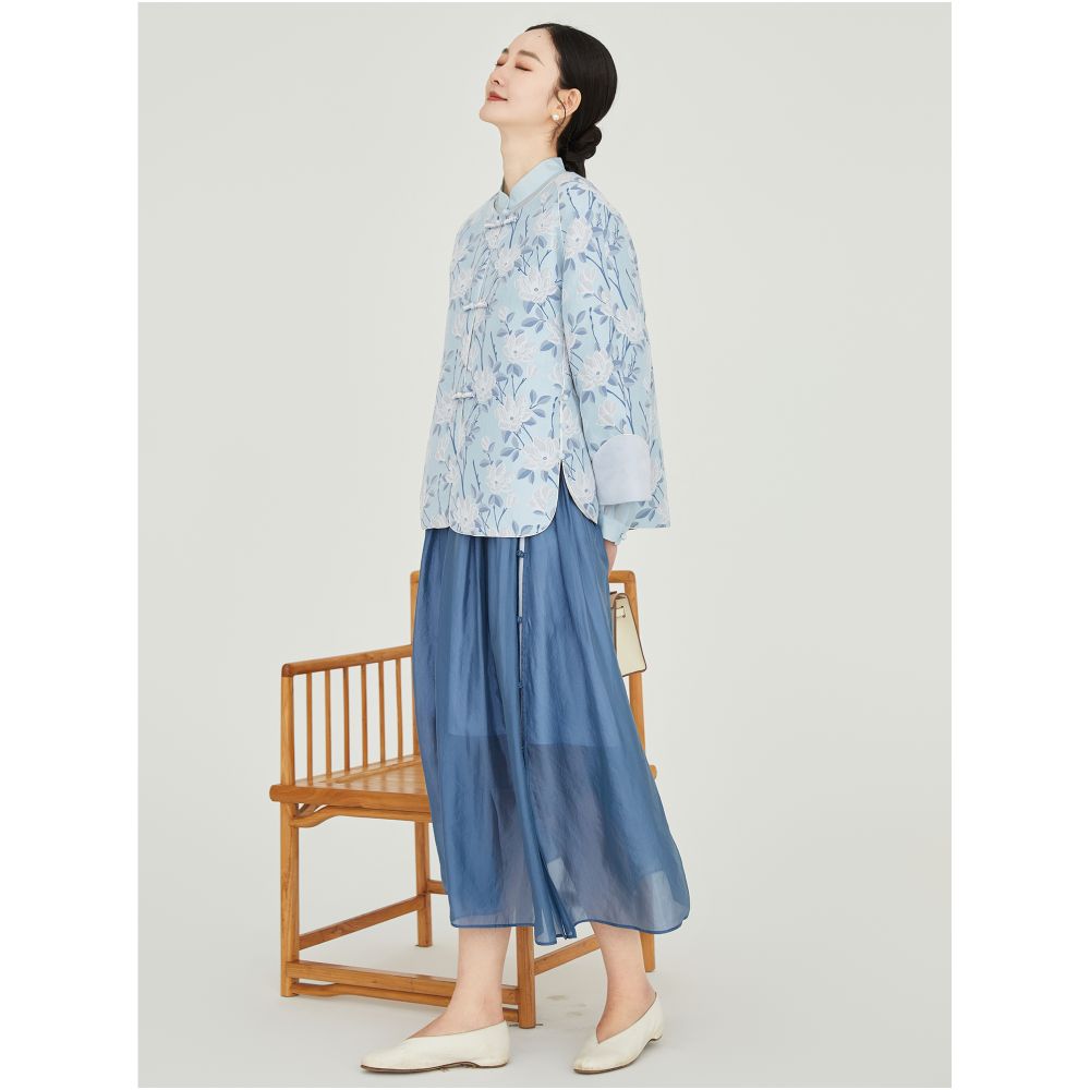 Floating Cloud Hall Wind refreshing Chinese style button blue printed short jacket women 2025 autumn national style Zen Zen clothing image 2