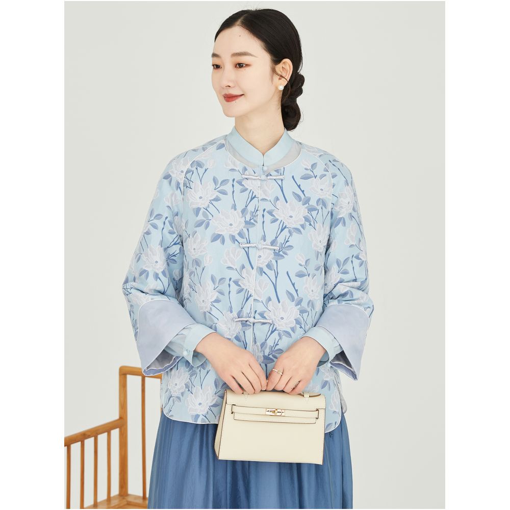 Floating Cloud Hall Wind refreshing Chinese style button blue printed short jacket women 2025 autumn national style Zen Zen clothing image 3