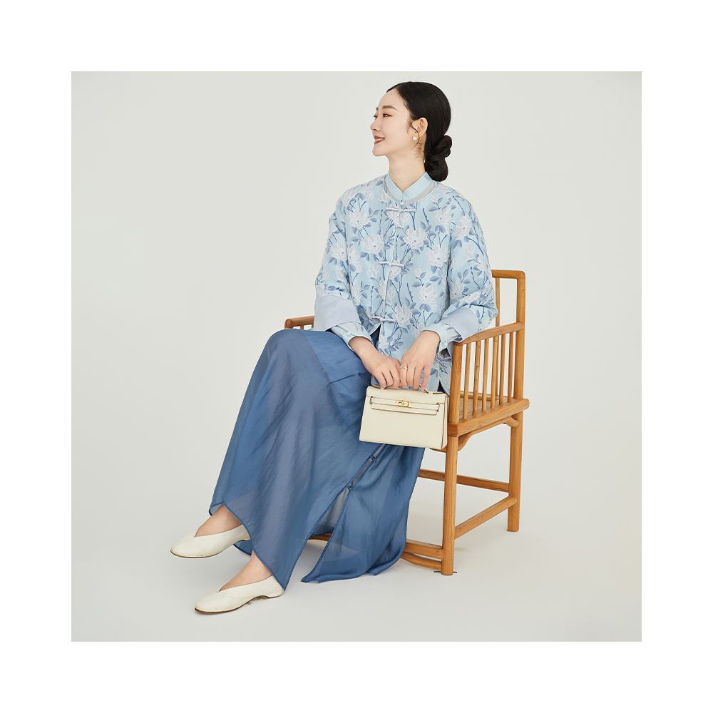 Floating Cloud Hall Wind refreshing Chinese style button blue printed short jacket women 2025 autumn national style Zen Zen clothing image 8