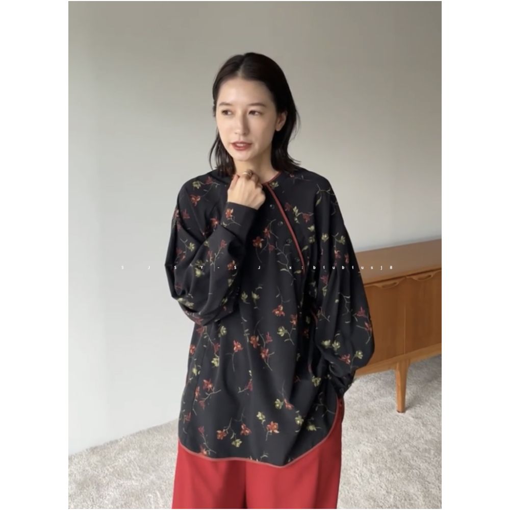 ASAYA 1810 Chinese style diagonal buttoned crewneck shirt, balloon sleeves, casual floral top
