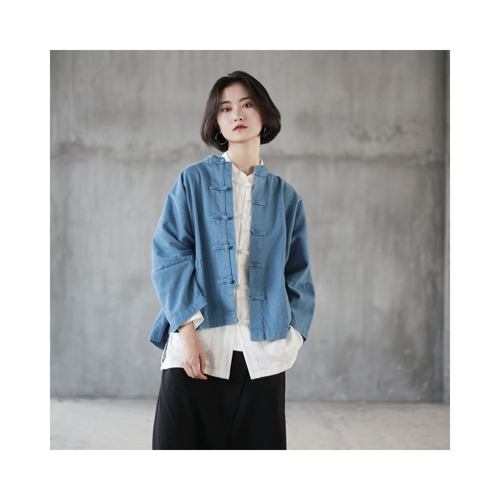 Spring Chinese style denim short jacket for women retro nine quarter sleeve buttoned cardigan stand up collar loose batwing sleeves and cardigan top image 1