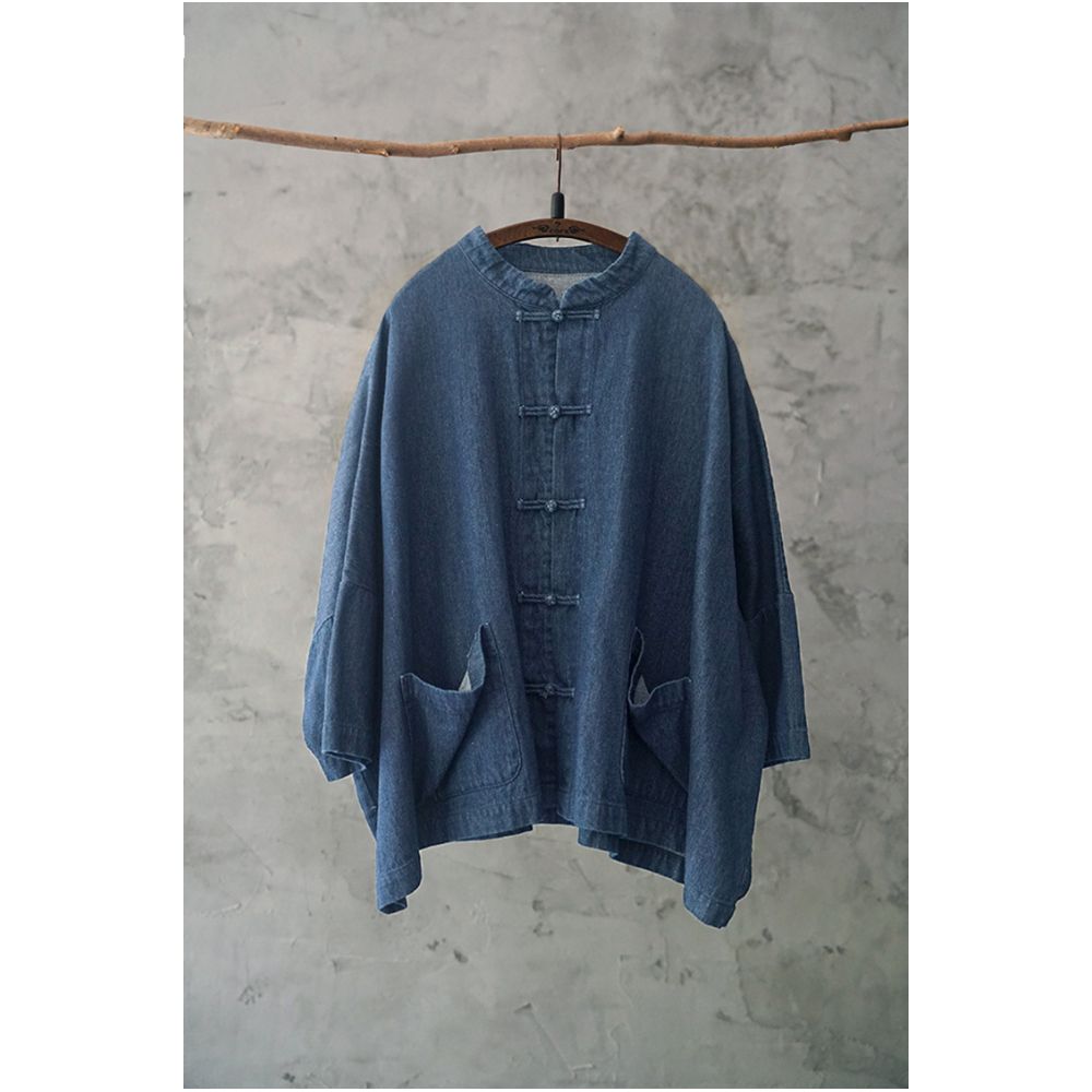 Spring Chinese style denim short jacket for women retro nine quarter sleeve buttoned cardigan stand up collar loose batwing sleeves and cardigan top image 7