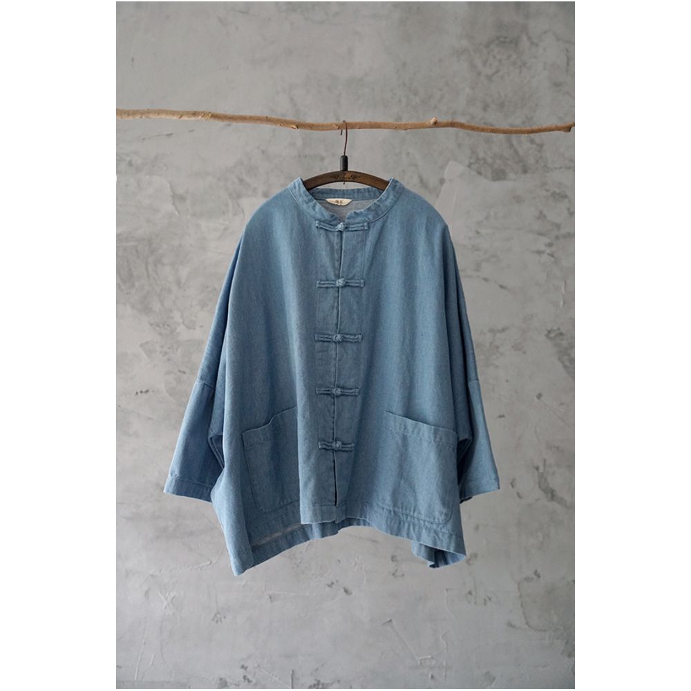 Spring Chinese style denim short jacket for women retro nine quarter sleeve buttoned cardigan stand up collar loose batwing sleeves and cardigan top image 9